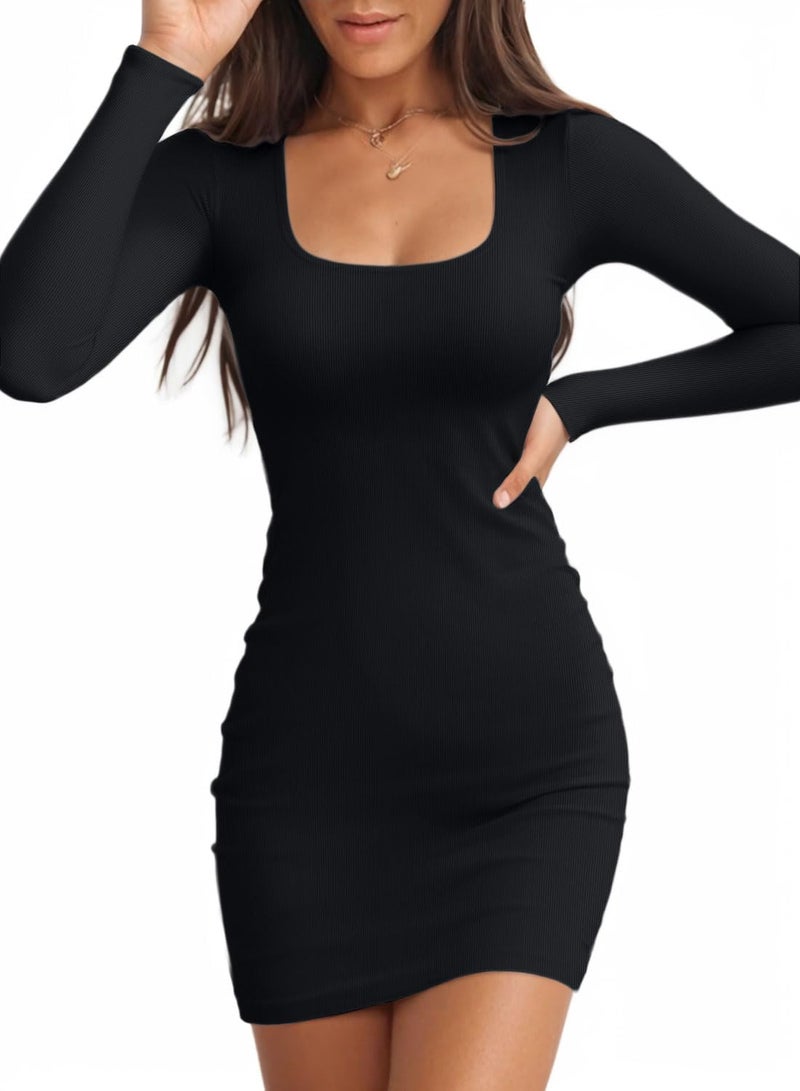 Valiamcep Women's Dress 2024 Fall Long Sleeve Square Neck Casual Bodycon Ribbed Knit Tight Going Out Short Mini Pencil Dresses Black L - Image 1