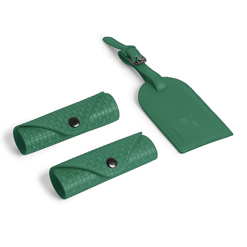 EUME Luggage Accessory Kit for Luggage| Premium Vegan Leather | 1 Luggage Tag and 2 Handle Cover Comes with Vegan Leather Sling Pouch - Green - Image 1