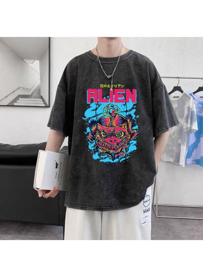 300 Jin Extra Large Loose Distressed Washed Cotton Men's Gamer Retro Print T-shirt Loose Slimming Fits All Body Types