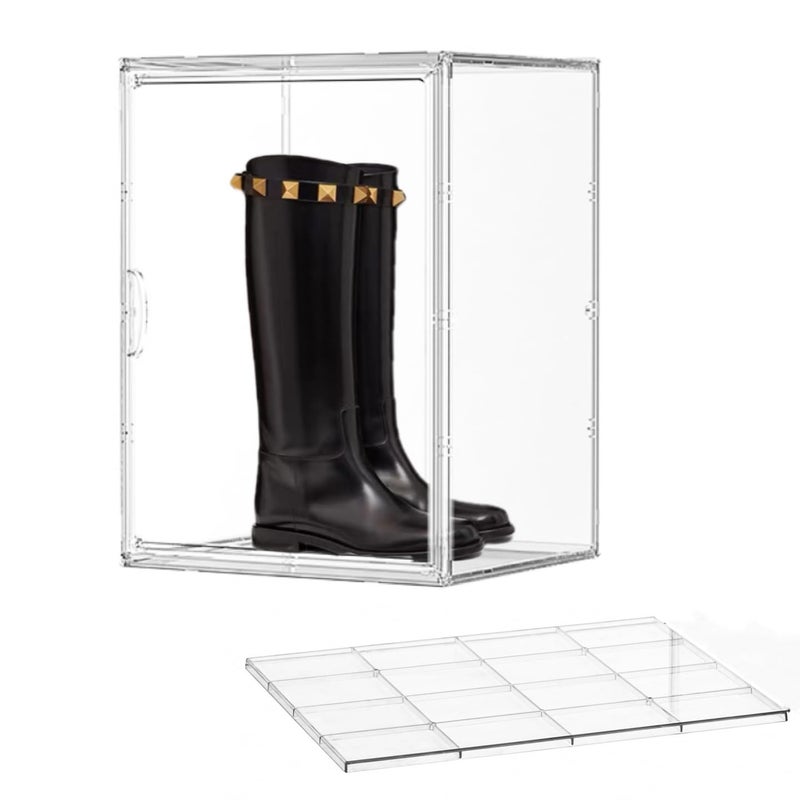 ZLLZUU Acrylic Display Case with an Adjustable Divider 2 Tiers XXXLarge Boot Shoe Storage Boxes Clear Plastic Stackable Storage Bin with Lids Super Large Clear Display Box for Shoes Collectibles