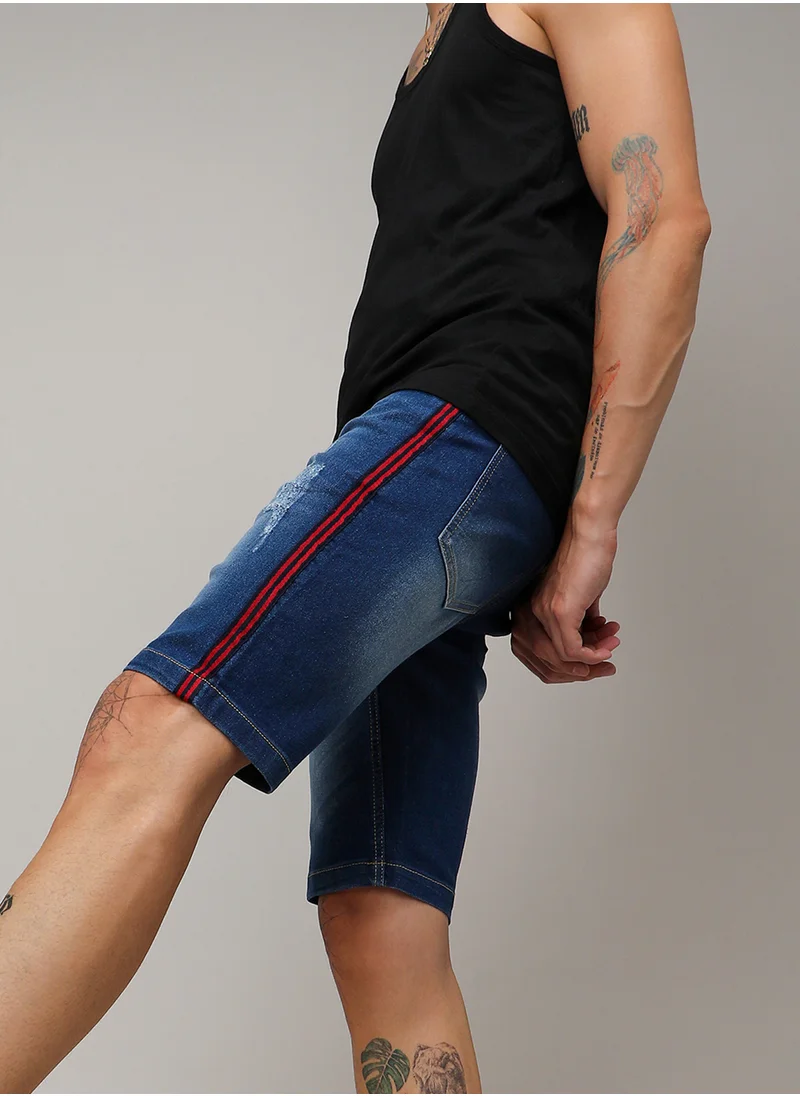 كامبوس سوترا Campus Sutra Men's Navy Blue Pencil Side-Striped Denim Shorts For Casual Wear | Dark-Wash | Regular Fit | Button Closure | Cotton Denim Shorts Crafted With Comfort Fit For Everyday Wear