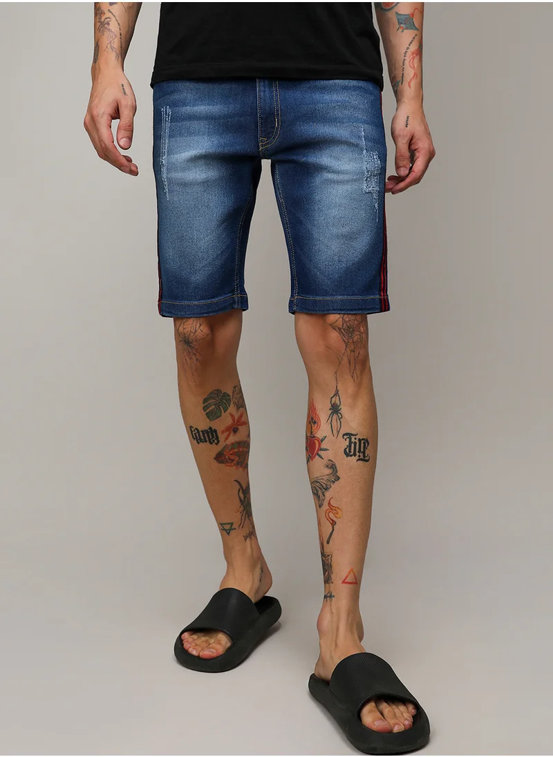 كامبوس سوترا Campus Sutra Men's Navy Blue Pencil Side-Striped Denim Shorts For Casual Wear | Dark-Wash | Regular Fit | Button Closure | Cotton Denim Shorts Crafted With Comfort Fit For Everyday Wear
