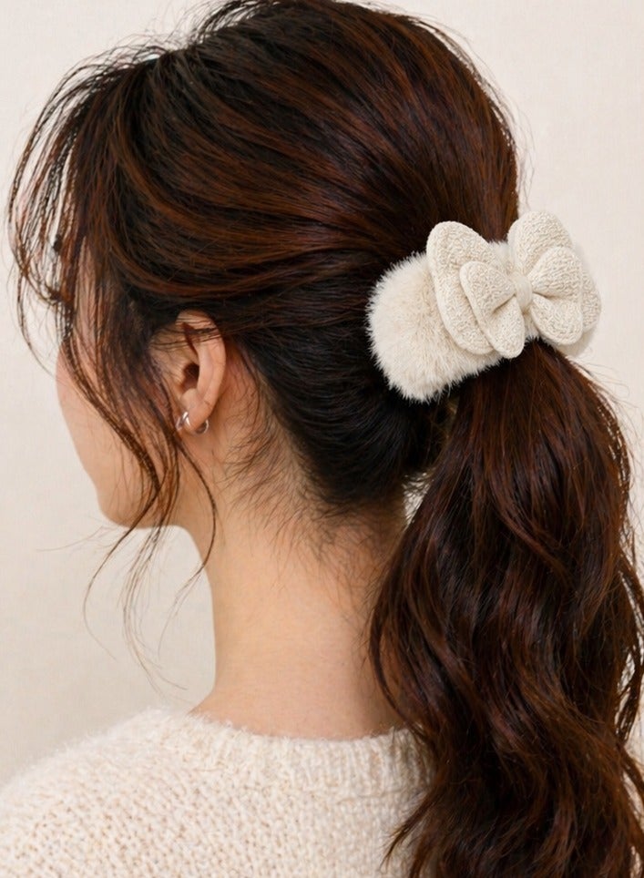 Off-White Faux Fur Bow Hair Tie - Image 2