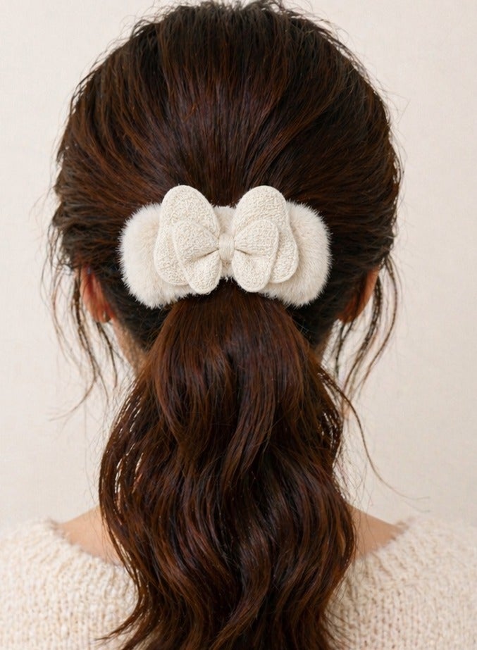 Off-White Faux Fur Bow Hair Tie - Image 3