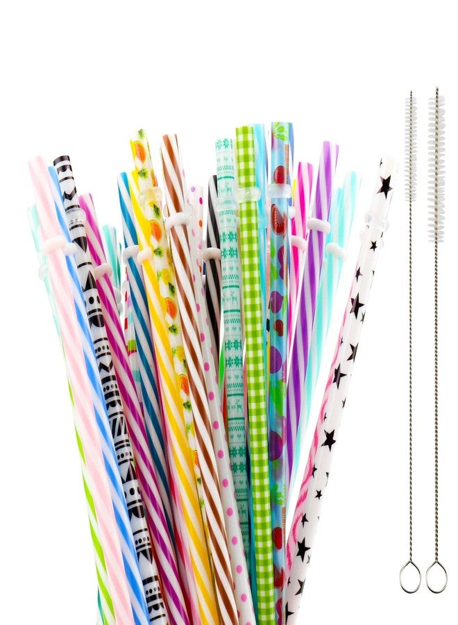 SUBANG 50 Pack Reusable Straws, BPA-Free, 9" Colorful Hard Plastic Stripe Drinking Straw for Mason Jar Tumbler, Family or Party Use with Cleaning Brush - Image 1