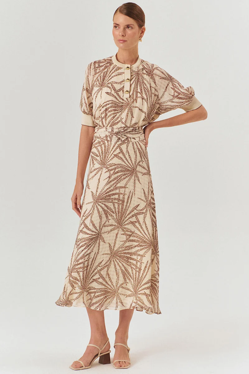 Exquise Regular Rayon Chiffon Midi Skirt with Gathered Waist and Leaf Pattern