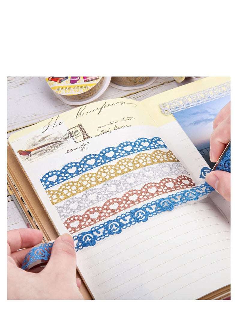 Hollow Glitter Lace Roll Tapes, Lace Pattern Glitter Bling Self-Adhesive Tape Diamond Washi Tape, Scrapbooking Supplies DIY Scrapbooking Lace Tape Sticker Random Pattern 14Rolls 7 Colors - Image 5