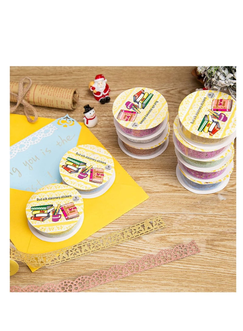 Hollow Glitter Lace Roll Tapes, Lace Pattern Glitter Bling Self-Adhesive Tape Diamond Washi Tape, Scrapbooking Supplies DIY Scrapbooking Lace Tape Sticker Random Pattern 14Rolls 7 Colors - Image 3