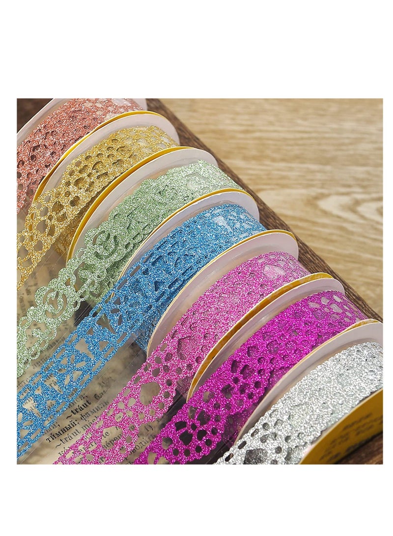Hollow Glitter Lace Roll Tapes, Lace Pattern Glitter Bling Self-Adhesive Tape Diamond Washi Tape, Scrapbooking Supplies DIY Scrapbooking Lace Tape Sticker Random Pattern 14Rolls 7 Colors - Image 1
