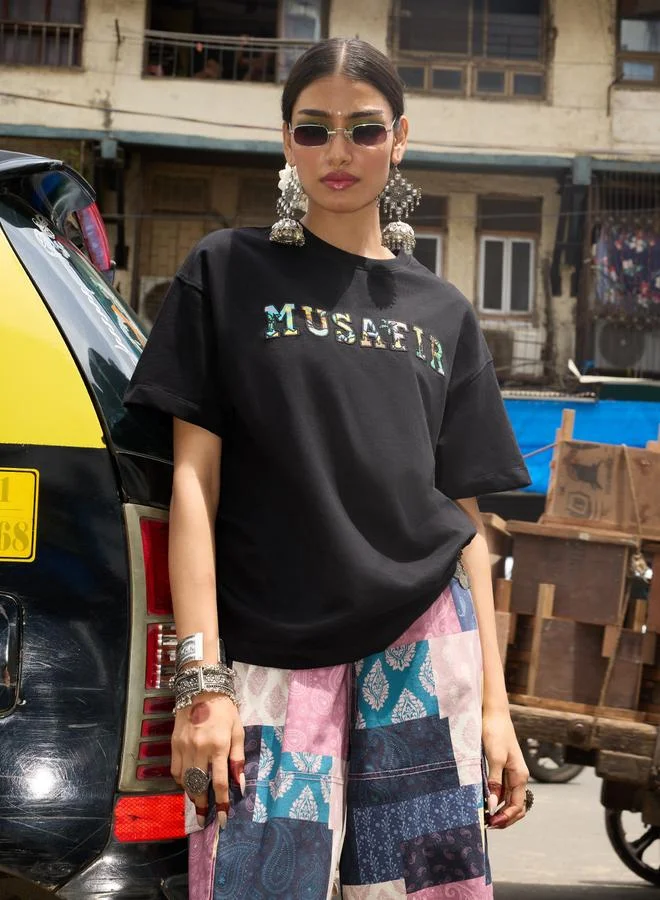The Souled Store Black Embroidered Oversized T-Shirt