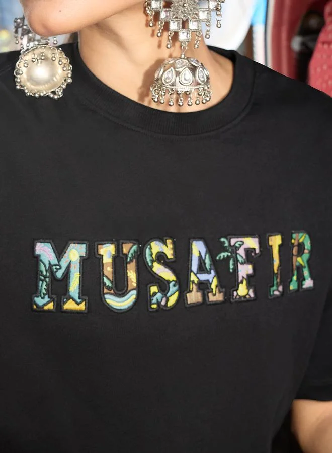 The Souled Store Black Embroidered Oversized T-Shirt