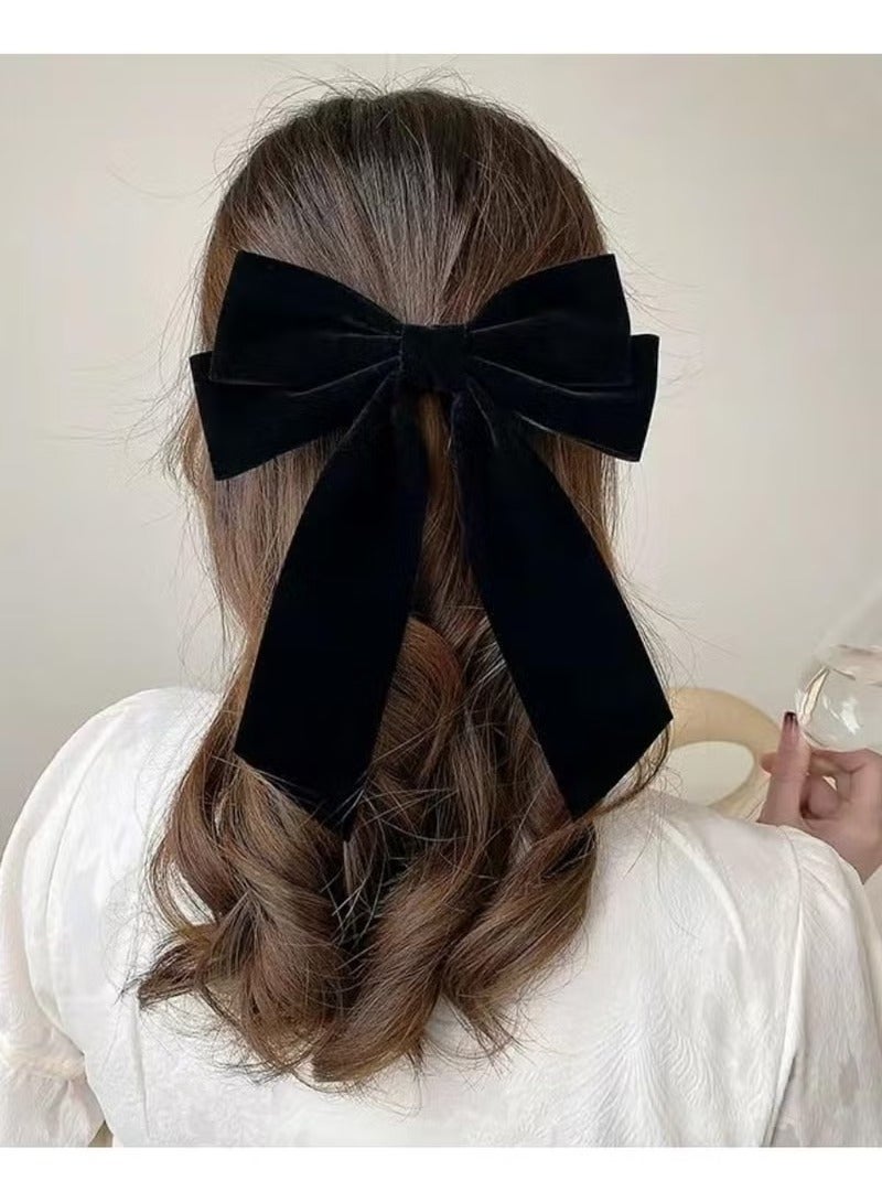 ربطة شعر من قطعتين من المخمل الأسود وذيل طويل من الساتان وغطاء رأس من الباريت للنساء والفتيات كهدية - Image 2