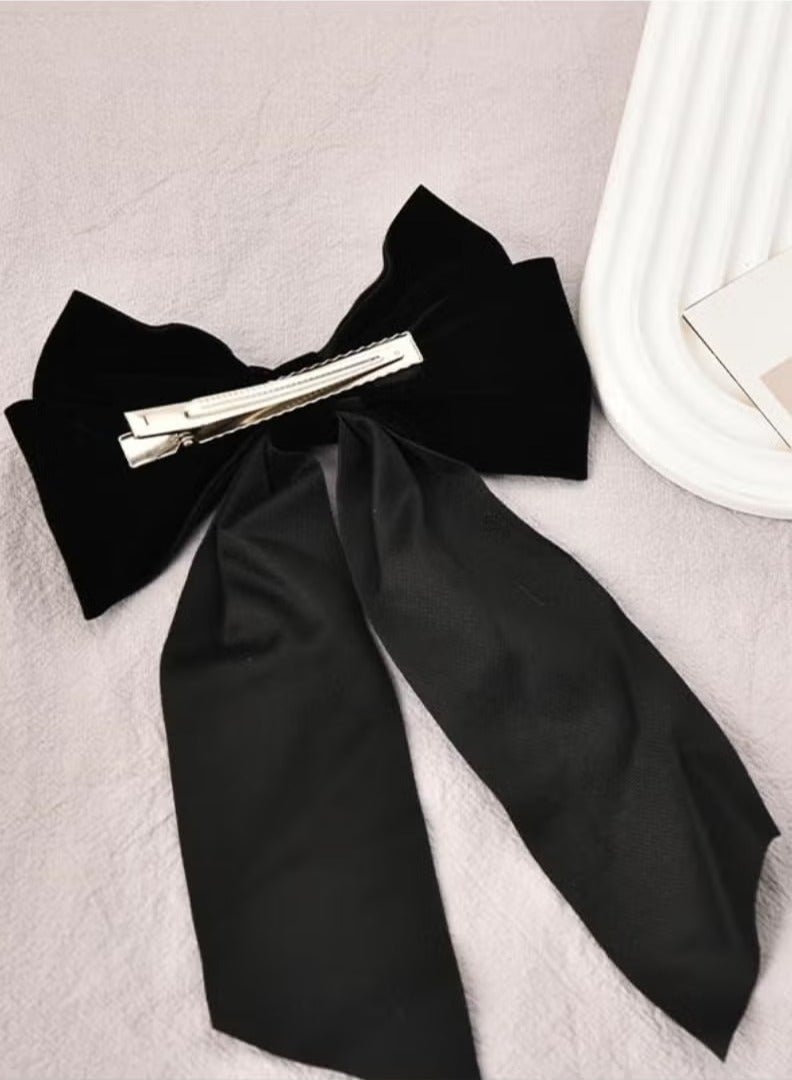 ربطة شعر من قطعتين من المخمل الأسود وذيل طويل من الساتان وغطاء رأس من الباريت للنساء والفتيات كهدية - Image 3