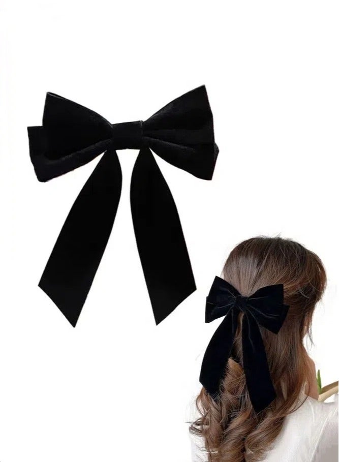 ربطة شعر من قطعتين من المخمل الأسود وذيل طويل من الساتان وغطاء رأس من الباريت للنساء والفتيات كهدية - Image 1