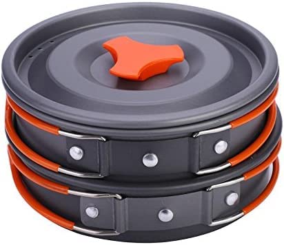 HARI Camping Cookware Set Hard Aluminum Foldable Backpacking Camping Pots and Frying Pans Cooking Camp Kitchen Camping Mess Kit Eco-Friendly Cooker Set for 2 Person (Orange) - Image 1