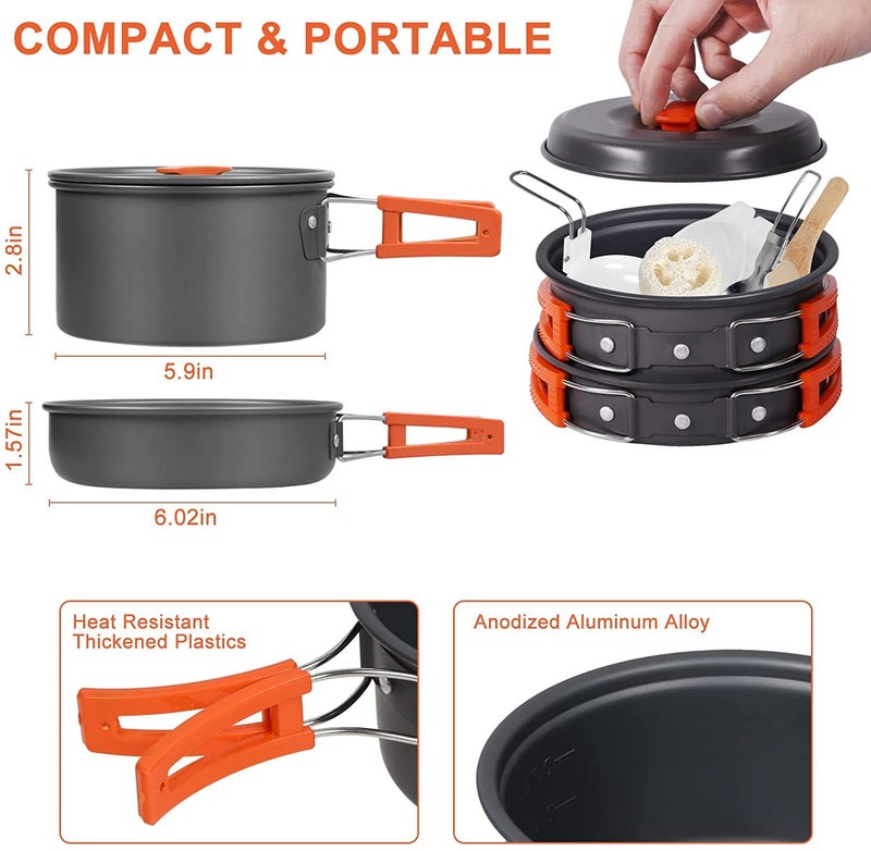 HARI Camping Cookware Set Hard Aluminum Foldable Backpacking Camping Pots and Frying Pans Cooking Camp Kitchen Camping Mess Kit Eco-Friendly Cooker Set for 2 Person (Orange) - Image 5