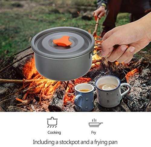 HARI Camping Cookware Set Hard Aluminum Foldable Backpacking Camping Pots and Frying Pans Cooking Camp Kitchen Camping Mess Kit Eco-Friendly Cooker Set for 2 Person (Orange) - Image 3