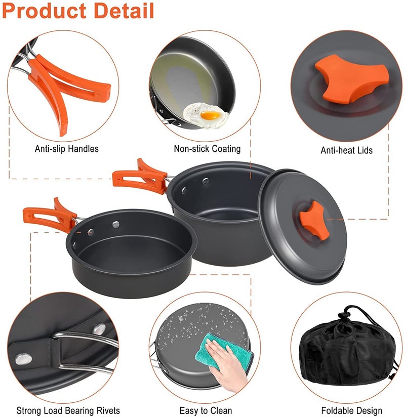 HARI Camping Cookware Set Hard Aluminum Foldable Backpacking Camping Pots and Frying Pans Cooking Camp Kitchen Camping Mess Kit Eco-Friendly Cooker Set for 2 Person (Orange) - Image 4