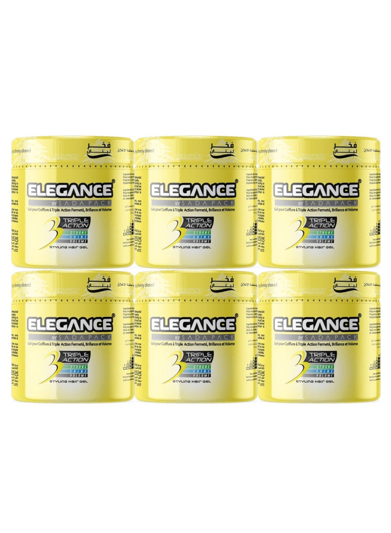Elegance Triple Action Hair Gel – Yellow – 250ml – Pack of 6 | Strong Hold, Shine & Volumizing Styling Control