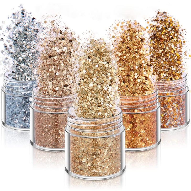 YKZFUI Holographic Nail Art Glitters Gold Silver Nail Sequins 3D Laser Acrylic Nails Powder Dust Flakes Nail Art Supplies for Nails Art Decoration Nail Sparkle Manicure Accessories Glitters Crafts 5 Boxes - Image 1