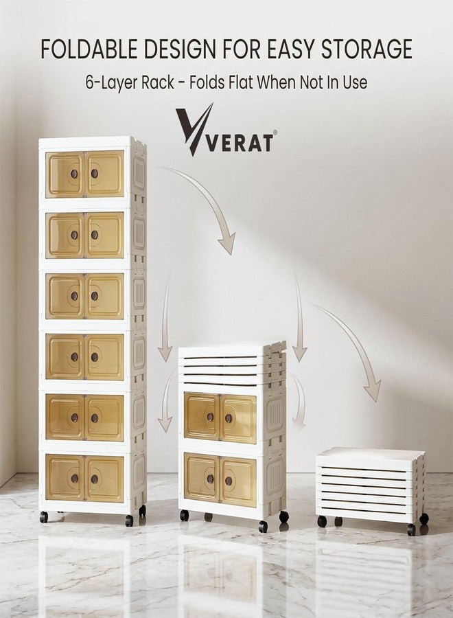 VERAT Plastic Storage Cabinet with Wheels | Foldable Modular Wardrobe Organizer with Transparent Doors | Multipurpose Clothes, Toys, Kitchen & Bedroom Storage Cupboard (White, 6 Tier) - Image 5