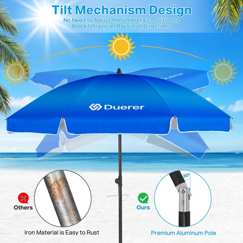 Duerer Beach Umbrellas, 8.5FT Beach Umbrella for Sand with Anchor Heavy Duty Windproof, Height Adjustable Tilt Iron Pole, Portable Beach Umbrella with Carrying Bag for Beach, Patio Garden Outdoor - Image 3