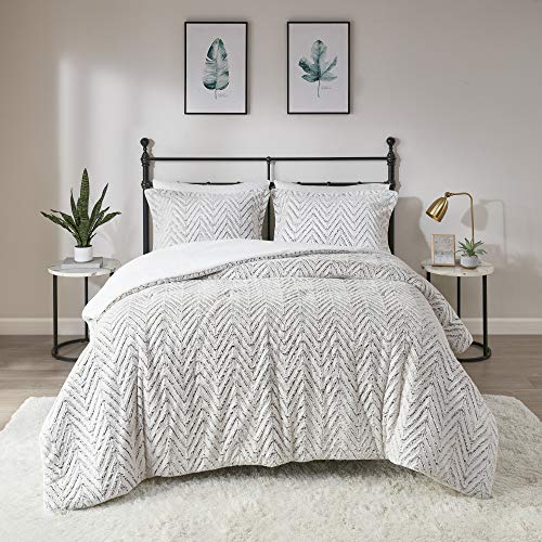 Madison Park Adelyn Ultra Soft Plush Faux Fur Chevron 3 Pieces Bedding Sets Bedroom Comforters FullQueen Ivory