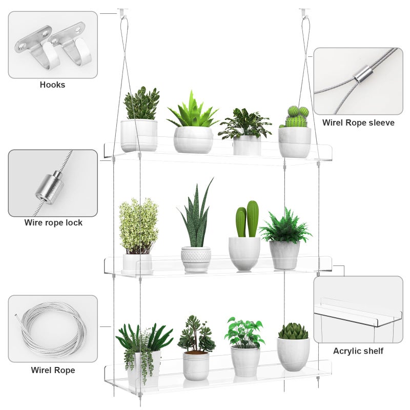 ZerzSemp 2-Pack Hanging Clear Plant Shelves for Windows, Acrylic Window Wall Plant Stand Shelf for Kitchen Indoor Gardens, Flower, Herb, Seedling Organization, and Pots Display, 16 Inch per Tier - Image 4