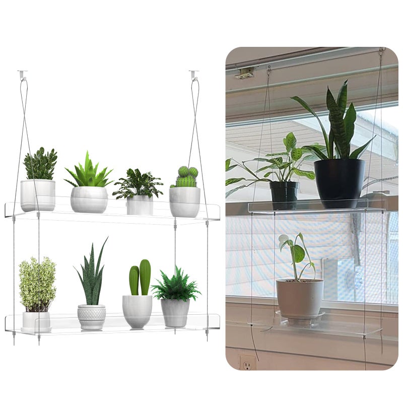 ZerzSemp 2-Pack Hanging Clear Plant Shelves for Windows, Acrylic Window Wall Plant Stand Shelf for Kitchen Indoor Gardens, Flower, Herb, Seedling Organization, and Pots Display, 16 Inch per Tier - Image 3