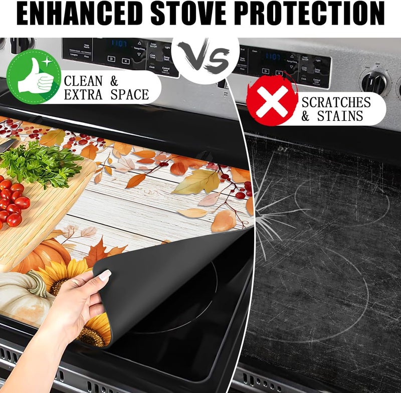 Seimip Fall Pumpkin Stove Top Covers for Electric Stove, Autumn Heat Resistant Glass Stove Top Cover Pad for Gas Stove, Induction Cooktop Protector Ceramic Stove Top Covers Mat Washable Oven Cover - Image 2