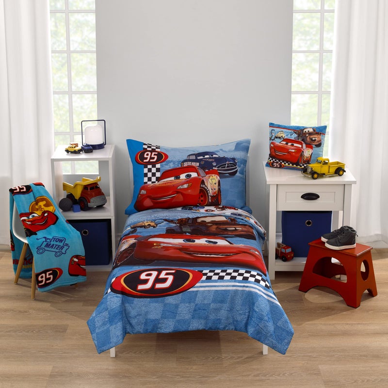 NoJo NoJo Disney Cars Radiator Springs White Blue and Red Lightning McQueen and TowMater 4 Piece Toddler Bed Set Comforter Fitted Bottom Sheet Flat Top Sheet and Reversible Pillowcase