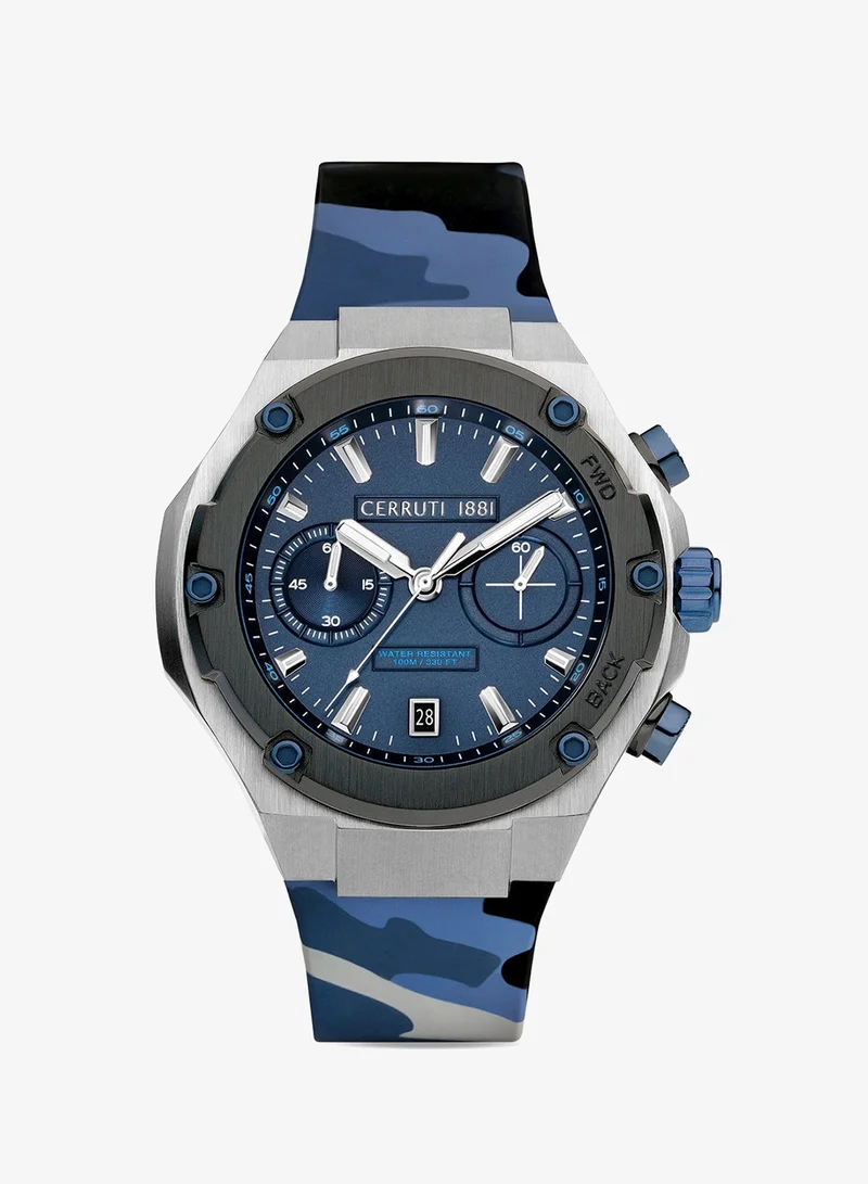 شيروتي 1881 Lucardo Blue Dial Camo Rubber Strap Chronograph Watch for Men, 44mm