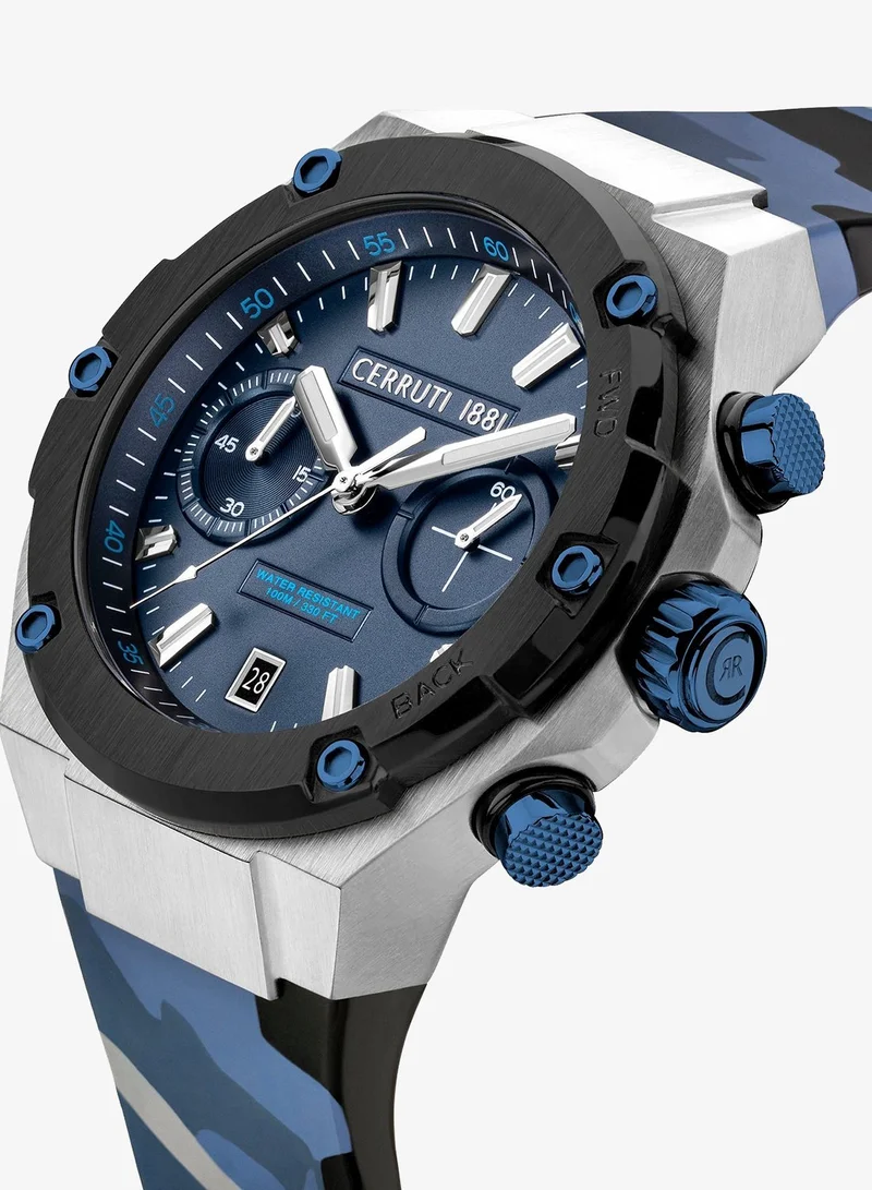شيروتي 1881 Lucardo Blue Dial Camo Rubber Strap Chronograph Watch for Men, 44mm