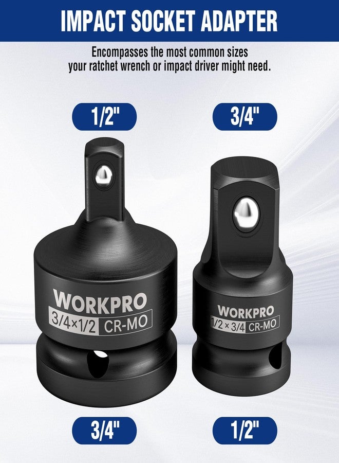 ووركبرو طقم محول ومخفض مقبس التأثير من قطعتين من WORKPRO، طقم محول مقبس محرك من 3/4 بوصة F إلى 1/2 بوصة M و1/2 بوصة F إلى 3/4 بوصة M، مصنوع من فولاذ Cr-Mo، محول محرك مربع لتحويل مفك التأثير - Image 2