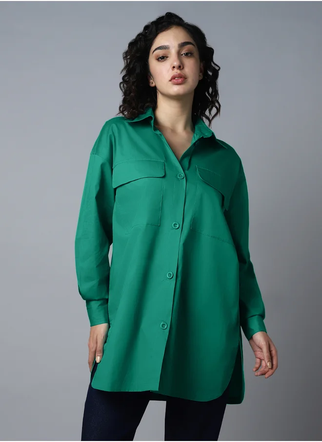هاي ستار Solid Pocket Detail Longline Regular Fit Shirt