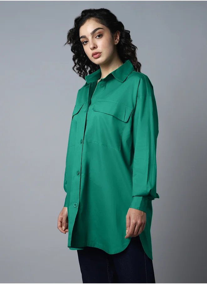 هاي ستار Solid Pocket Detail Longline Regular Fit Shirt