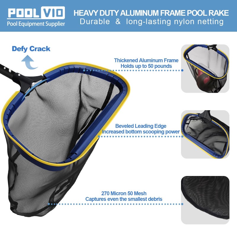Poolvio 5-in-1 Pool Cleaning Kit - Includes Semi-Deep Skimmer Net, Aluminum Leaf Rake, 20' Pool Brush with 13ft Adjustable Pole - Image 4