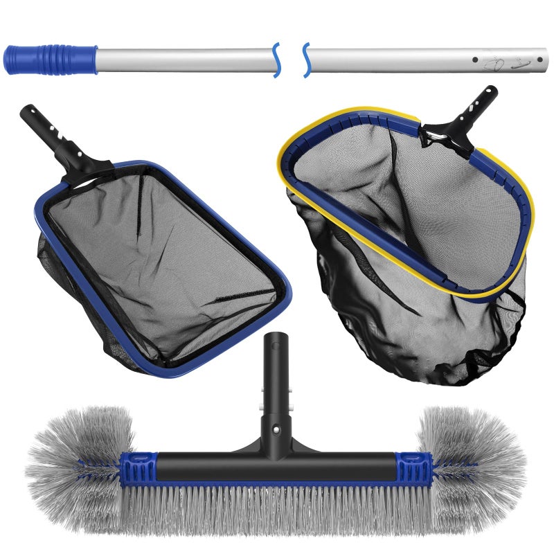 Poolvio 5-in-1 Pool Cleaning Kit - Includes Semi-Deep Skimmer Net, Aluminum Leaf Rake, 20' Pool Brush with 13ft Adjustable Pole - Image 1