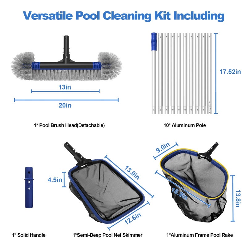 Poolvio 5-in-1 Pool Cleaning Kit - Includes Semi-Deep Skimmer Net, Aluminum Leaf Rake, 20' Pool Brush with 13ft Adjustable Pole - Image 2