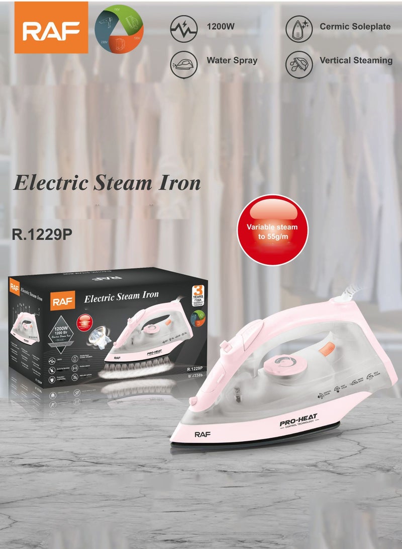 RAF Steam Iron with Ceramic Soleplate, 80ml Water Tank, Powerful Steam Burst, Adjustable Thermostat, Shockproof Body, 16 Steam Vents for Even Heat Distribution, 80 ml 1200 W