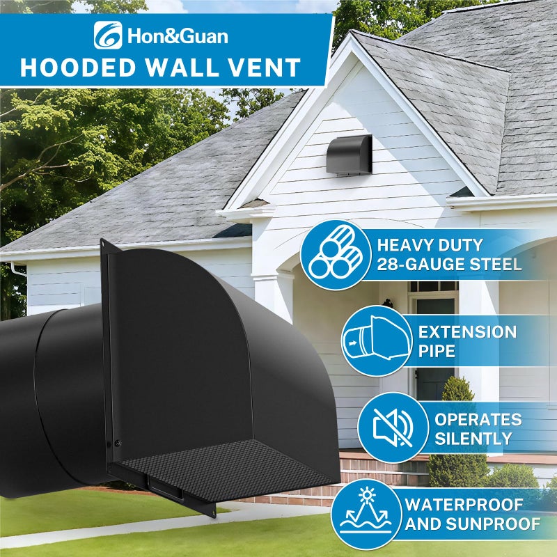 Hon&Guan [Upgraded] Hon&Guan 6 Inch Hooded Wall Vent with Removable Mesh and Cover, Arc-Shaped 6'' Exhaust Vent Cover Cap for Kitchen Range Hood/Dryer/Bathroom Exhaust(Galvanized Steel, Black) - Image 2