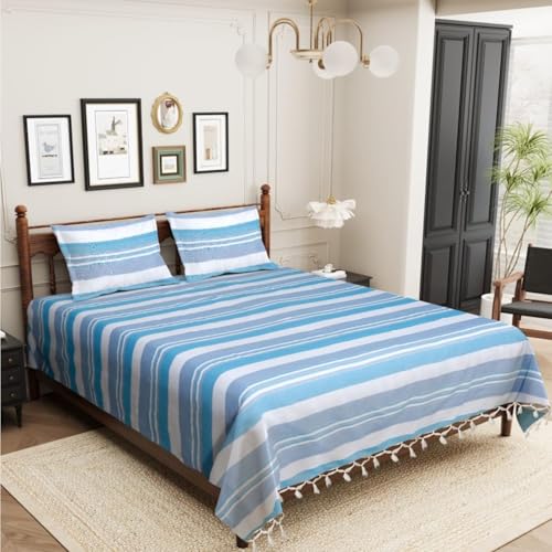 Värde Varde Bedsheet for Double Bed King Size Cotton with 2 Pillow Covers | 210 TC Bedsheet | Flat Sheets | Kerala Coarse Cotton Bedsheets |100 X 108 Inches, 8.3 X 9 Feet (Blue Angel, King) - Image 3