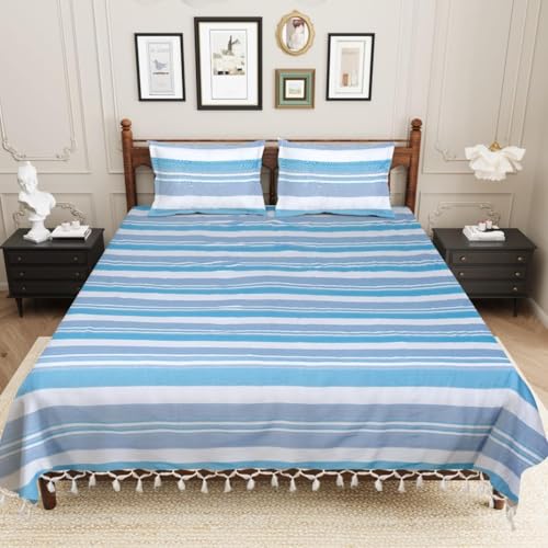 Värde Varde Bedsheet for Double Bed King Size Cotton with 2 Pillow Covers | 210 TC Bedsheet | Flat Sheets | Kerala Coarse Cotton Bedsheets |100 X 108 Inches, 8.3 X 9 Feet (Blue Angel, King) - Image 2