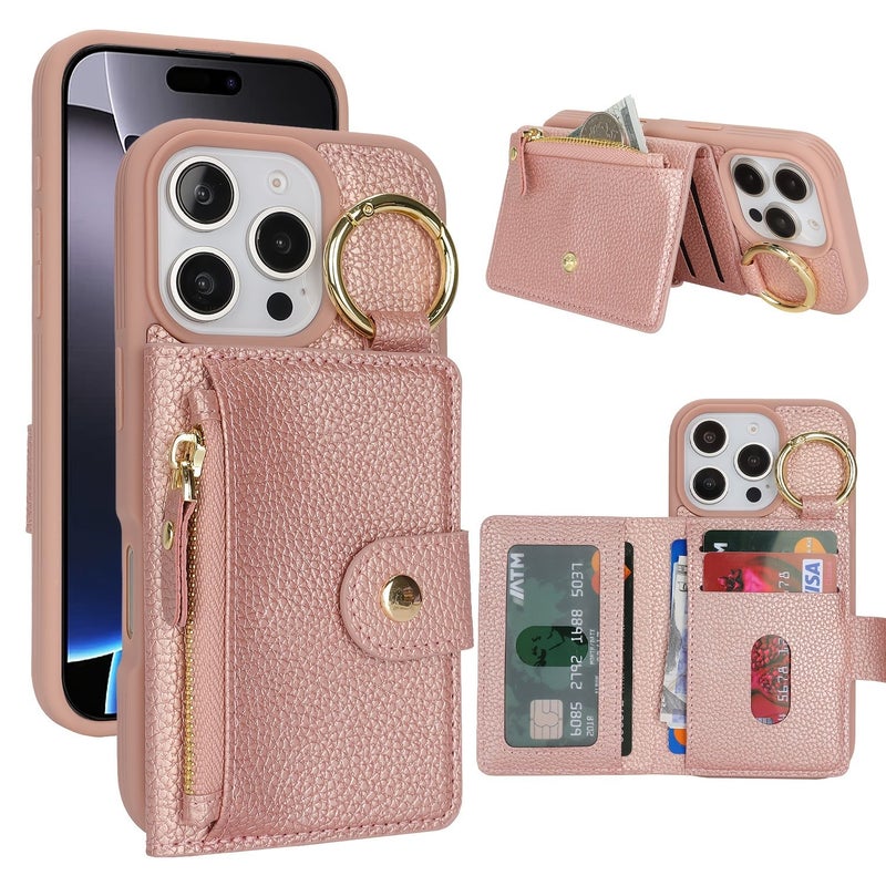 Pink Phone Wallet For iPhone 16 Card Holder With Zippered Coin Purse Ring Stand - Image 1