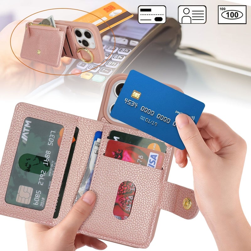 Pink Phone Wallet For iPhone 16 Card Holder With Zippered Coin Purse Ring Stand - Image 2