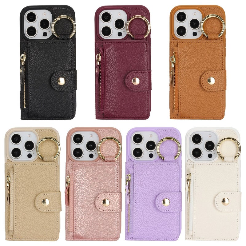 Pink Phone Wallet For iPhone 16 Card Holder With Zippered Coin Purse Ring Stand - Image 5