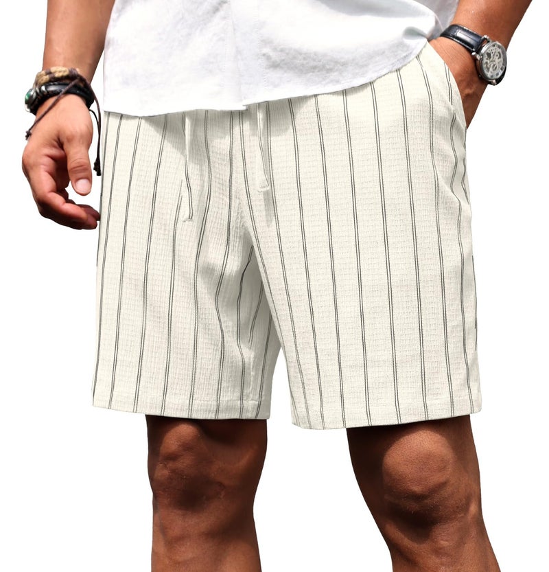 Sailwind Mens Striped Casual 7" Shorts Summer Beach Elastic Waist Drawstring Shorts with Pockets White - Image 4