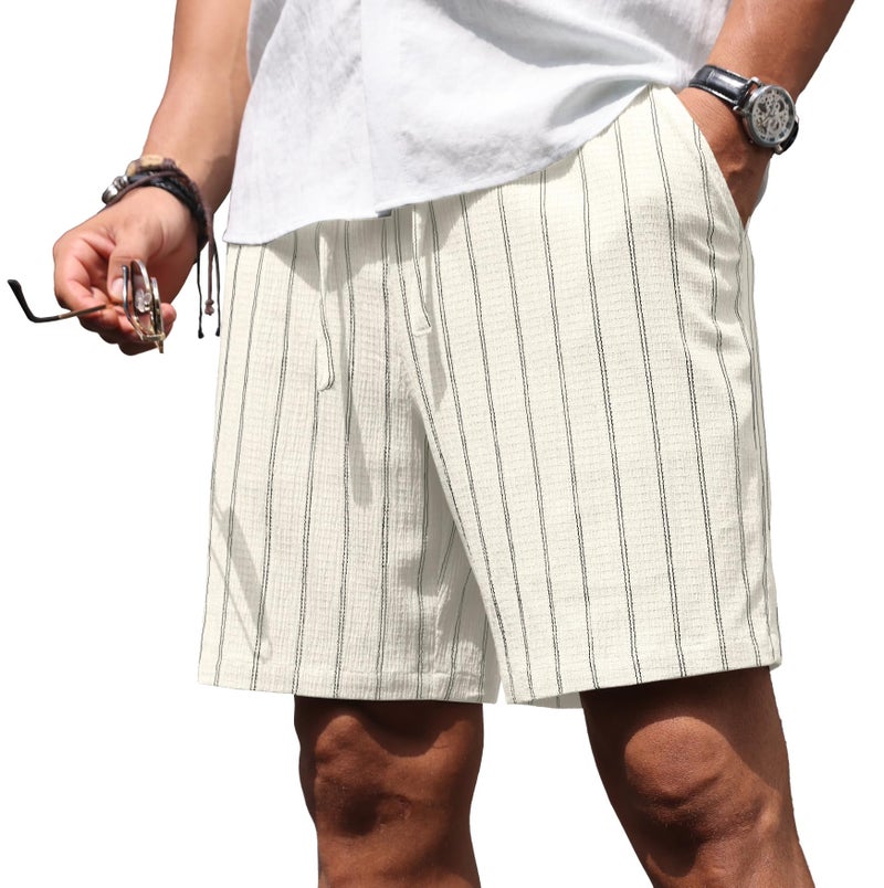 Sailwind Mens Striped Casual 7" Shorts Summer Beach Elastic Waist Drawstring Shorts with Pockets White - Image 2