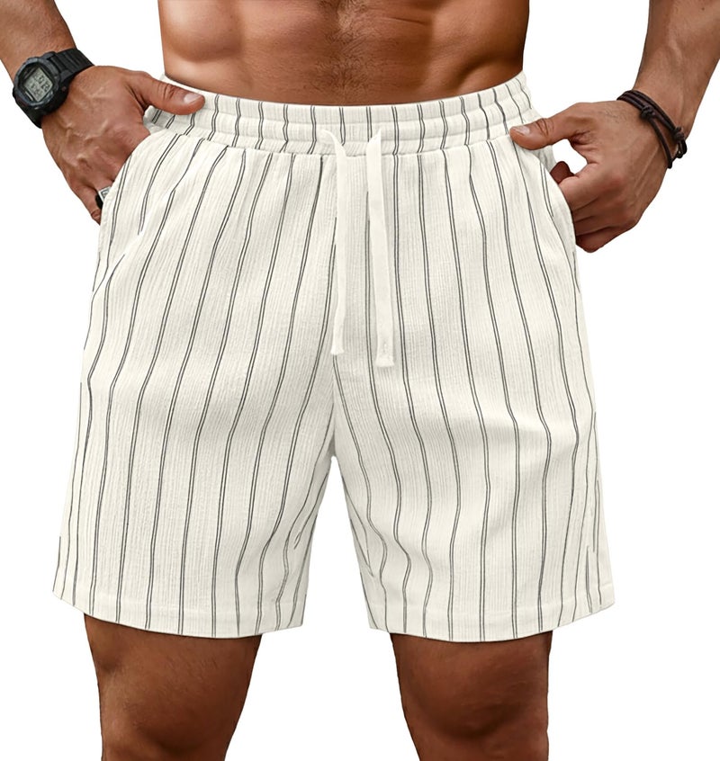 Sailwind Mens Striped Casual 7" Shorts Summer Beach Elastic Waist Drawstring Shorts with Pockets White - Image 1