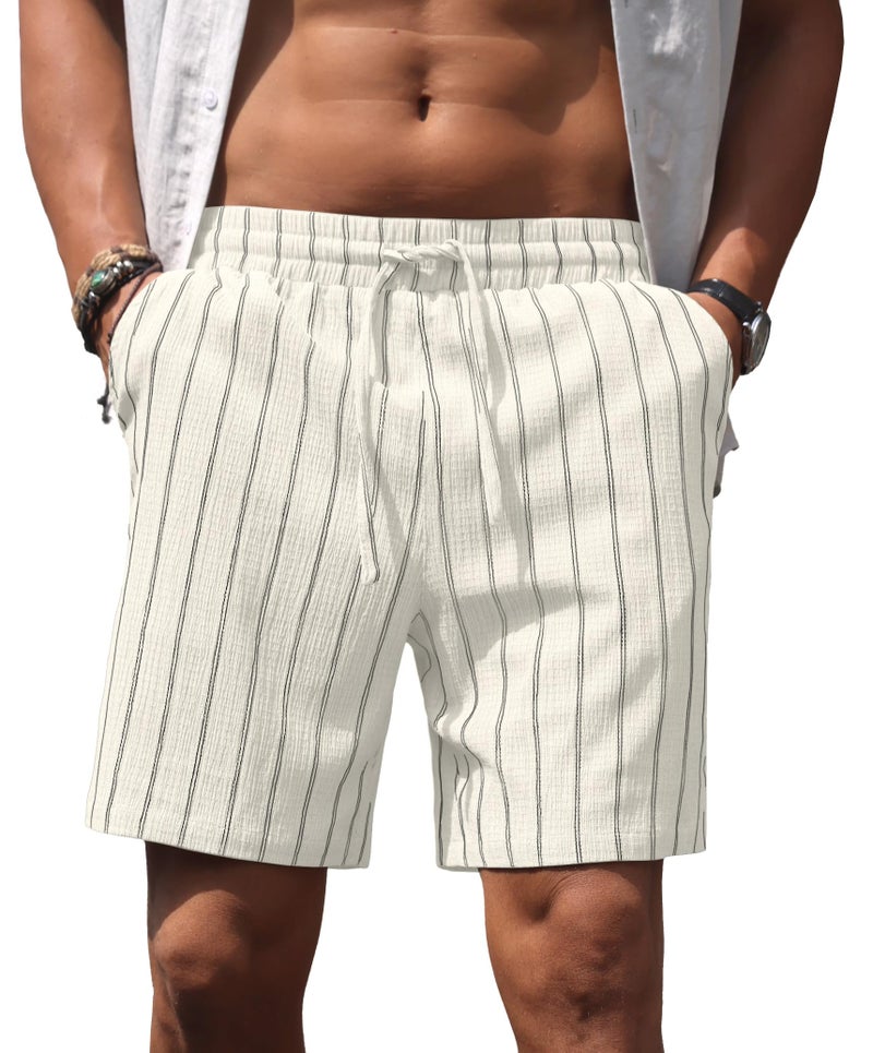 Sailwind Mens Striped Casual 7" Shorts Summer Beach Elastic Waist Drawstring Shorts with Pockets White - Image 3
